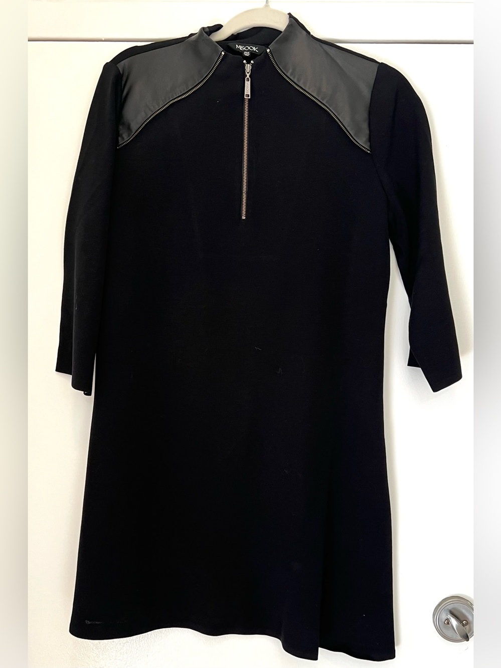 Misook Black Mini Dress with Faux-Leather Shoulder Panels